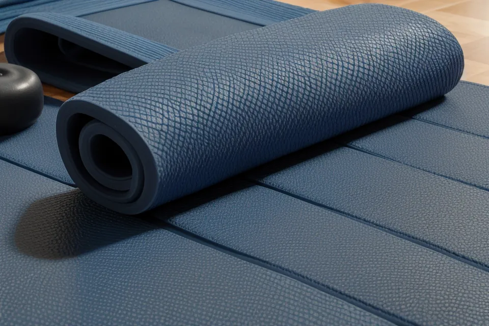 Colchonetas de gimnasio de caucho azul y una botella de agua