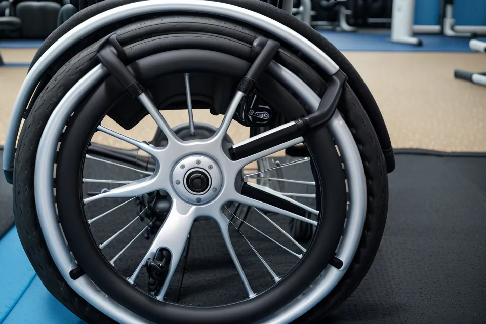 Rueda de silla de ruedas sobre colchonetas de entrenamiento de autodefensa