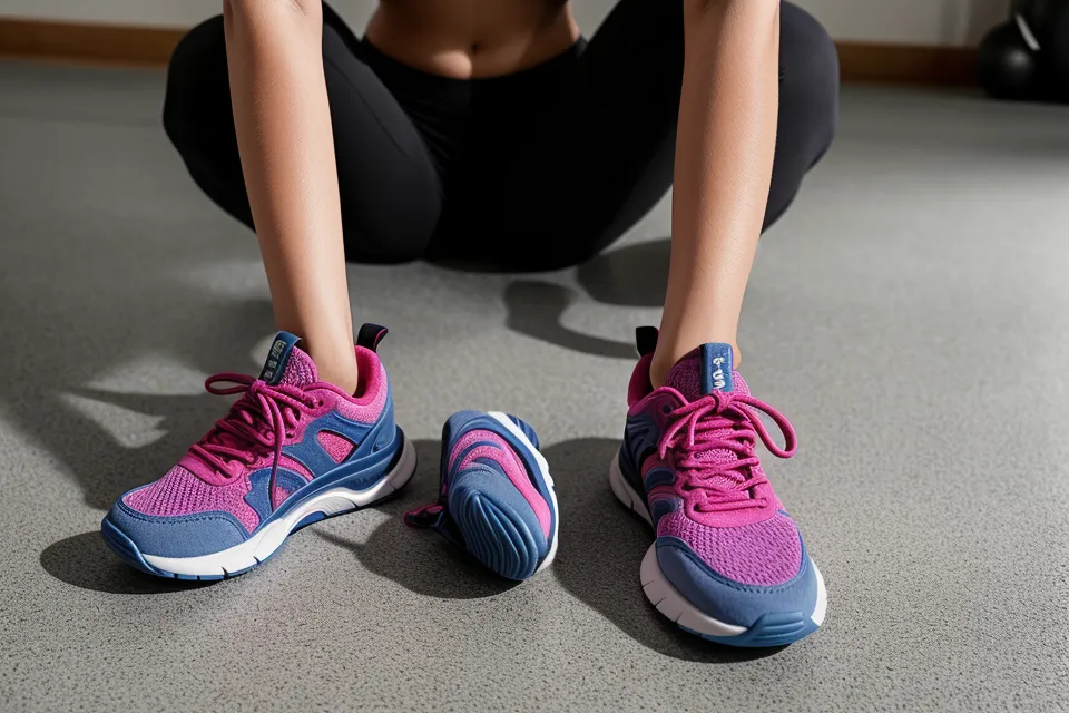 Cuaderno de notas y zapatillas al borde de una colchoneta de entrenamiento